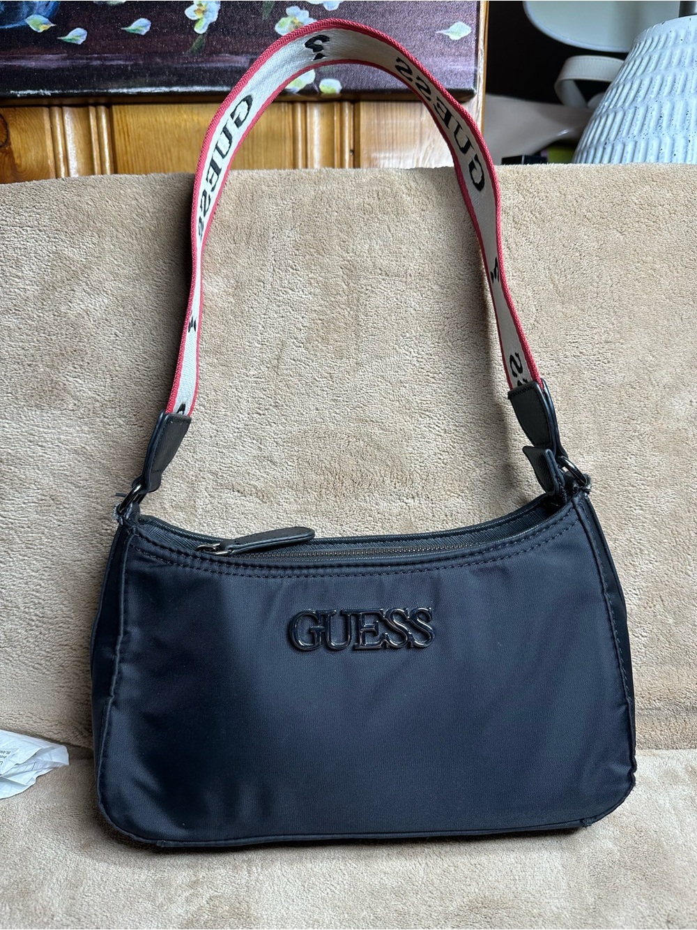 GUESS Black Nylon Messenger Bag with Branded Strap